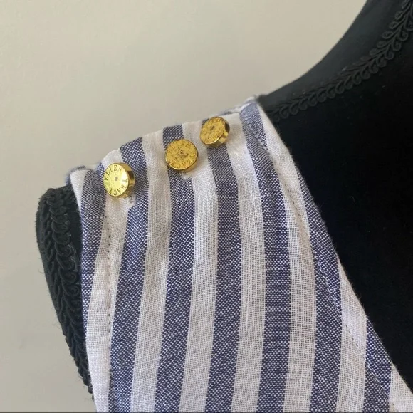 ELLEN TRACY Striped Linen Relaxed Blouse White Blue with Gold Shoulder Detail L - Picture 5 of 13